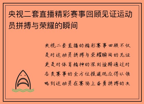 央视二套直播精彩赛事回顾见证运动员拼搏与荣耀的瞬间