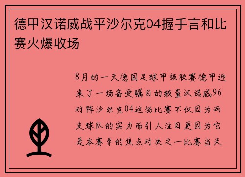 德甲汉诺威战平沙尔克04握手言和比赛火爆收场